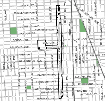 Belmont/Cicero TIF district, roughly bounded on the north by Grace Street, Montana Street on the south, Keating Avenue on the east, and Leclaire Avenue on the west.
